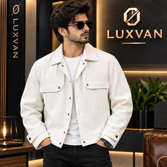 Men’s White Leather Jacket Genuine Leather Utility Jacket Multi Pocket Biker Jacket Casual Streetwear Jacket Stylish Motorcycle Jacket