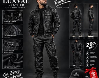 Conjunto de agasalho masculino LUXVAN em couro preto, jaqueta e calça com zíper frontal, estilo streetwear.