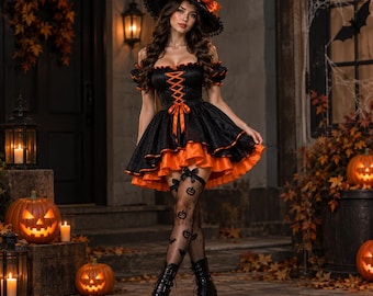 Fantasia de bruxa gótica em preto e laranja, com corpete, saia com babados e chapéu de abóbora (roupa de Halloween)