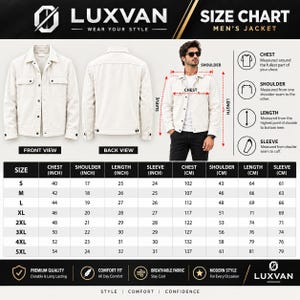 May include: A white jacket size chart by LUXVAN featuring front and back views of the garment, a diagram showing measurement points for chest, shoulder, length, and sleeve, and a comprehensive table listing dimensions in both inches and centimeters.