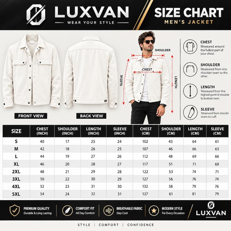 May include: A white jacket size chart by LUXVAN featuring front and back views of the garment, a diagram showing measurement points for chest, shoulder, length, and sleeve, and a comprehensive table listing dimensions in both inches and centimeters.