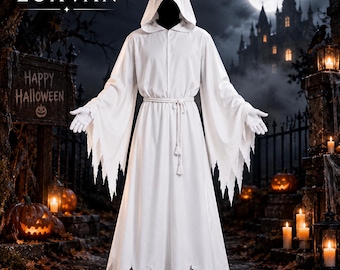 Capa branca gótica de fantasma, manto com capuz, fantasia assustadora de Halloween (tamanhos P-5XG)