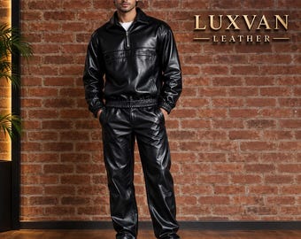 Conjunto de agasalho masculino em couro sintético brilhante, estilo motociclista, jaqueta e calça (LUXVAN)