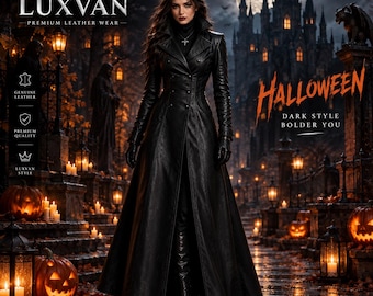 Casaco trench coat gótico de couro preto LUXVAN, comprimento até o chão, fantasia de bruxa (Halloween)