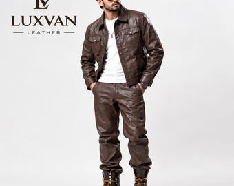 Conjunto de agasalho masculino em couro marrom, estilo motociclista streetwear (jaqueta e calça)