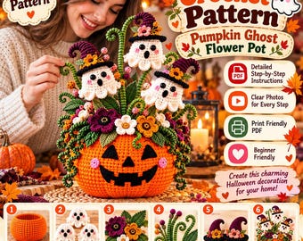 Padrão de crochê para vaso de flores em forma de abóbora fantasma, cesta de amigurumi de Halloween (PDF)