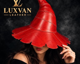 Chapéu de bruxa em couro vermelho, fantasia gótica, copa pontiaguda, aba ondulada (LUXVAN)
