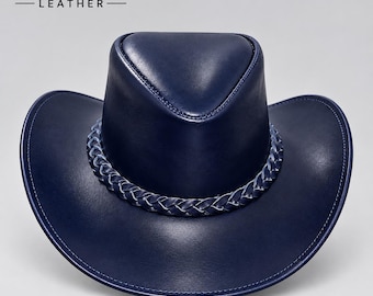 Chapéu de cowboy LUXVAN em couro preto, aba larga, detalhe trançado, estilo western.