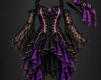 Vestido de bruxa gótica com espartilho, fantasia preta e roxa, roupa de fada vitoriana