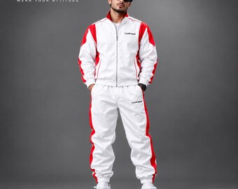 Conjunto de agasalho masculino LUXVAN branco e vermelho, jaqueta com zíper e calça jogger, estilo streetwear esportivo.
