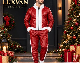 Conjunto de treino masculino em couro vermelho, jaqueta com detalhes em pele sintética estilo Papai Noel e calça jogger (LUXVAN LEATHER)