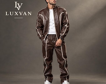 Conjunto masculino de agasalho em couro marrom, jaqueta e calça estilo motociclista, look streetwear.