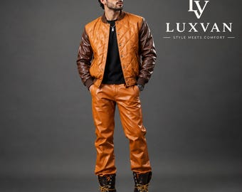 Conjunto de jaqueta e calça de couro acolchoado laranja masculino, roupa de motociclista em couro genuíno (LUXVAN)