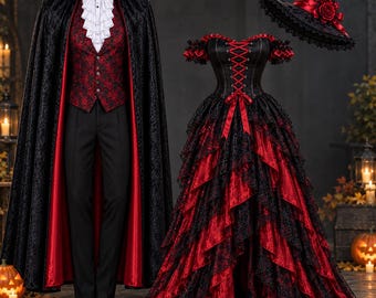 Conjunto de fantasia gótica de vampira, vestido vitoriano com espartilho, chapéu de bruxa e capa (cosplay de Halloween)