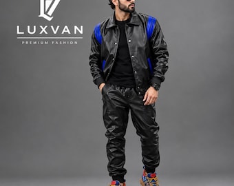 Conjunto de agasalho masculino em couro preto com detalhes em azul, estilo streetwear (LUXVAN)