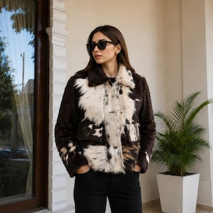 May include: A jacket featuring a brown and white cow-print pattern with a textured, fur-like appearance. The garment includes a collared neckline, long sleeves, and two front pockets with button closures, paired with plain black trousers.
