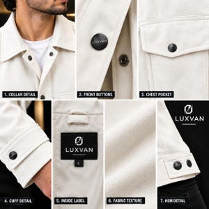 May include: A beige jacket featuring a collar, black buttons labeled LUXVAN, a chest pocket, and adjustable cuffs. The interior includes a black label with the LUXVAN logo and size L. The fabric has a visible twill texture, and the hem features two black buttons.