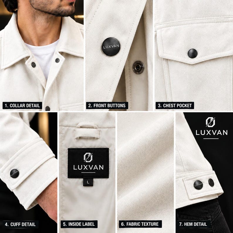May include: A beige jacket featuring a collar, black buttons labeled LUXVAN, a chest pocket, and adjustable cuffs. The interior includes a black label with the LUXVAN logo and size L. The fabric has a visible twill texture, and the hem features two black buttons.