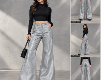 Calças de perna larga cinza LUXVAN, calças de alfaiataria de cintura alta, roupa moderna para o escritório.