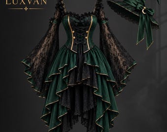 Vestido de fantasia de bruxa gótica em veludo esmeralda, com mangas de renda e chapéu combinando (LUXVAN)