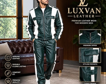 Conjunto de agasalho masculino em couro verde, estilo corrida, duas peças (LUXVAN)