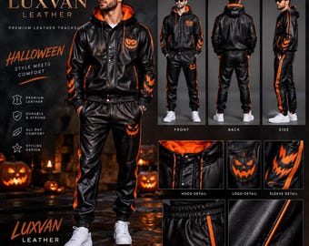 Conjunto de agasalho masculino em couro preto, jaqueta e calça estilo motociclista, look streetwear (LUXVAN)