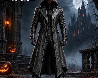 Sobretudo gótico de couro preto, jaqueta com capuz estilo guerreiro steampunk, sobretudo medieval (masculino)