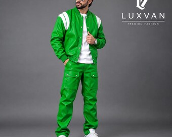 Conjunto de agasalho masculino verde, jaqueta com zíper e calça, estilo streetwear esportivo