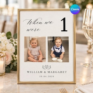 May include: A gold-framed table sign featuring the text When we were 1, two photographs of a young child, a swan graphic, the names William & Margaret, and the date 10.04.2028 printed on a white background with a clean, minimalist layout.
