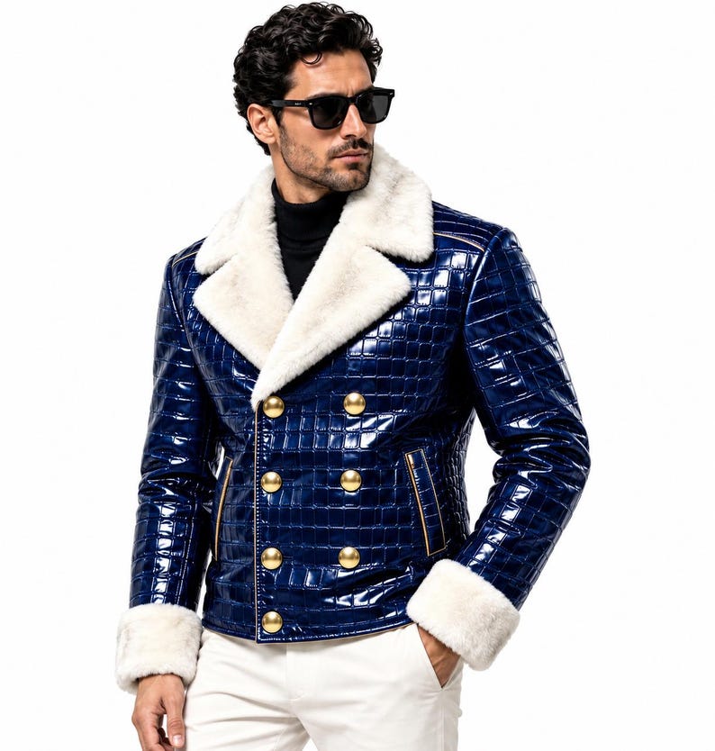 Puede incluir: Una chaqueta de doble botonadura en un acabado azul profundo brillante con un patr&oacute;n texturizado de piel de cocodrilo. La prenda presenta un cuello ancho de piel sint&eacute;tica blanca y pu&ntilde;os a juego, acentuados por seis grandes botones dorados.