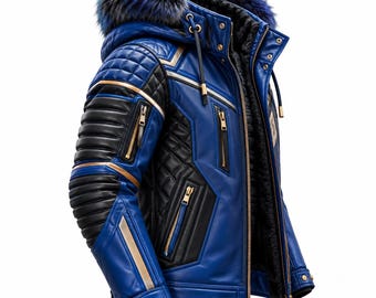 Puede incluir: Una chaqueta de cuero azul y negra con capucha y ribete de piel sintética azul y negra, paneles acolchados en hombros y pecho, cremalleras doradas y rayas decorativas doradas. El interior está forrado con un material de forro polar oscuro.
