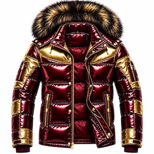 May include: A shiny, metallic burgundy and gold puffer jacket featuring a detachable hood with a thick, dark brown faux fur trim. The jacket includes a front zipper closure, snap buttons, and multiple zippered pockets on the chest and sleeves.