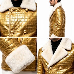 Puede incluir: Una chaqueta cruzada de color dorado met&aacute;lico con un patr&oacute;n texturizado de relieve de cocodrilo, un cuello ancho de piel sint&eacute;tica blanca y pu&ntilde;os a juego de piel sint&eacute;tica blanca. La chaqueta se cierra con cuatro botones dorados redondos.