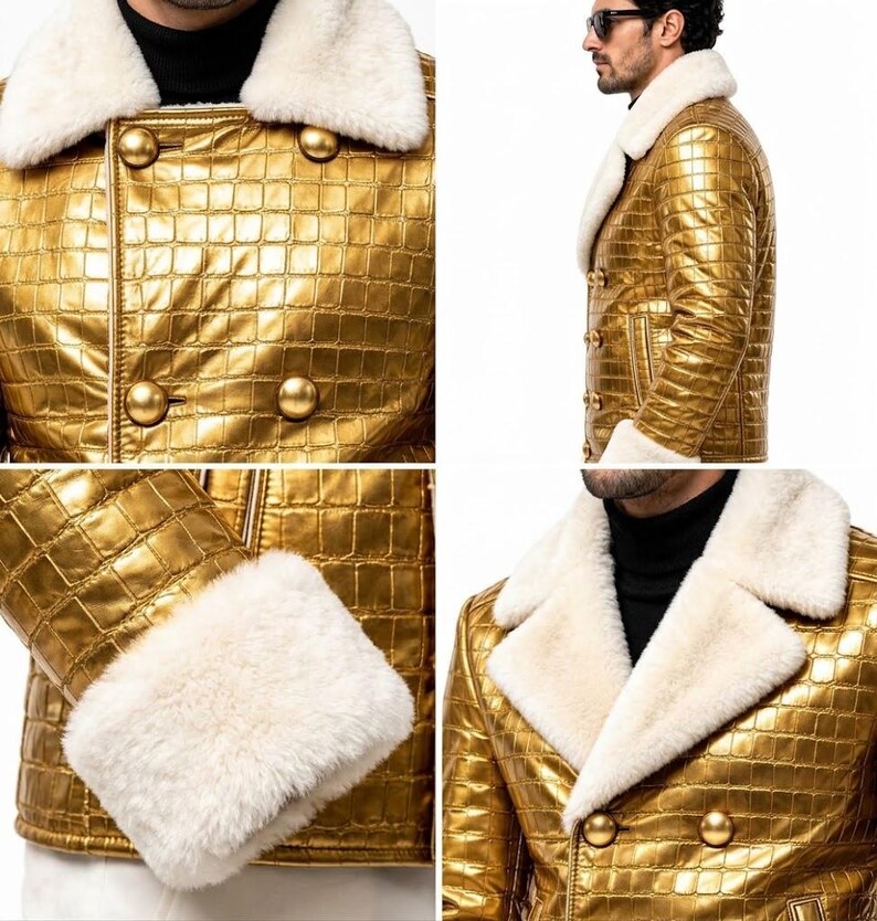 Puede incluir: Una chaqueta cruzada de color dorado met&aacute;lico con un patr&oacute;n texturizado de relieve de cocodrilo, un cuello ancho de piel sint&eacute;tica blanca y pu&ntilde;os a juego de piel sint&eacute;tica blanca. La chaqueta se cierra con cuatro botones dorados redondos.