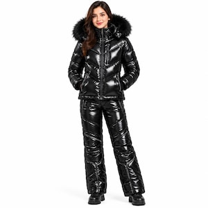 Damen-Steppset mit Kapuze und Metallic-Pelz-Kapuze