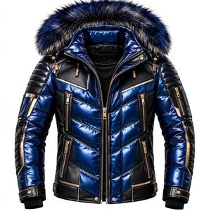 May include: A shiny blue and black puffer jacket featuring a detachable hood with a thick blue and black faux fur trim. The jacket includes gold-tone metal zips, quilted panelling, and ribbed cuffs at the sleeves for a structured fit.