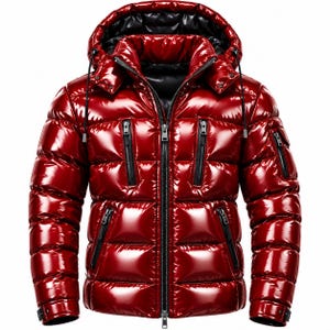 May include: A glossy red puffer jacket featuring a detachable hood, a full-length front zip, and multiple zipped pockets on the chest and sleeves. The jacket has a shiny, reflective finish with horizontal quilted padding and black accents.