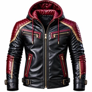 Könnte beinhalten: Eine schwarze Lederjacke mit roter Kapuze, goldenen Akzenten und gesteppten Schulterpartien. Die Jacke verfügt über einen durchgehenden Frontreißverschluss, zwei Brusttaschen mit Reißverschluss, zwei untere Reißverschlusstaschen und Schnallen.