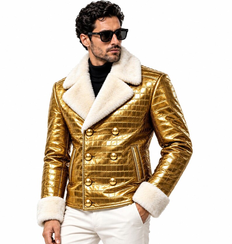 Puede incluir: Una chaqueta de doble botonadura con acabado dorado met&aacute;lico y un patr&oacute;n de cuadr&iacute;cula texturizado. La prenda presenta un cuello ancho de piel sint&eacute;tica blanca y pu&ntilde;os a juego de piel sint&eacute;tica blanca. Se cierra con seis botones dorados grandes y redondos.