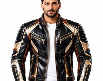Puede incluir: Una chaqueta de cuero negra con detalles en dorado y marrón, cuello alzado con botones a presión, paneles acolchados en los hombros y múltiples bolsillos con cremallera en el pecho y las mangas. Incluye cierre frontal de cremallera y correas.