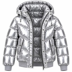 May include: A metallic silver puffer jacket featuring a quilted chevron pattern, a hood with adjustable drawstrings, a front zip closure, and a snap-button placket. The jacket includes two side pockets and ribbed grey cuffs at the sleeves and hem.