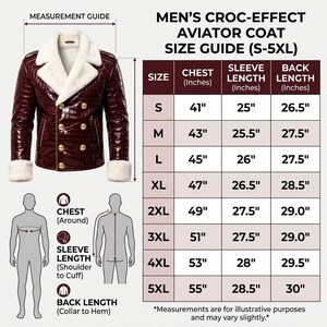 Puede incluir: Una chaqueta de aviador color rojo oscuro con efecto cocodrilo, cuello y pu&ntilde;os de piel sint&eacute;tica blanca y botones dorados. La imagen incluye una gu&iacute;a de tallas en pulgadas para las tallas S-5XL, detallando el pecho, la manga y el largo.