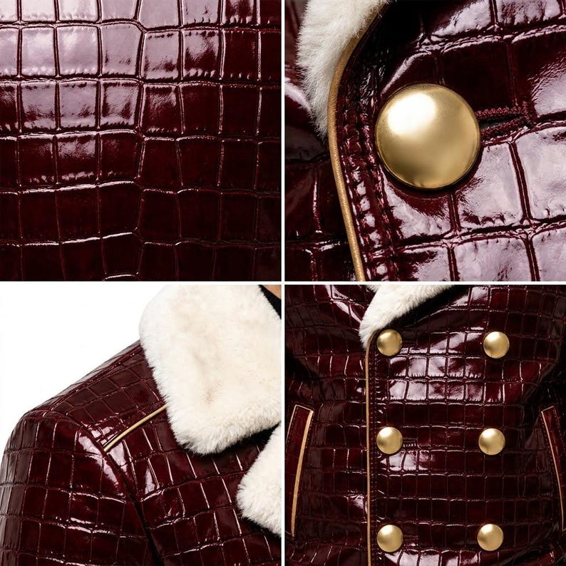 Puede incluir: Una chaqueta de doble botonadura en color burdeos intenso con una textura brillante de piel de cocodrilo en relieve. La prenda cuenta con un cuello de piel sint&eacute;tica blanca y grandes botones met&aacute;licos dorados y lisos en dos filas.