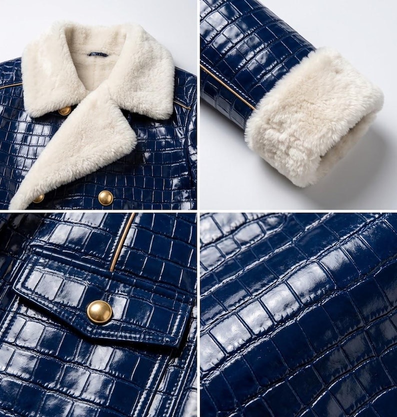 Puede incluir: Una chaqueta azul marino con textura brillante de relieve de cocodrilo, con cuello y pu&ntilde;os de piel sint&eacute;tica blanca gruesa. La prenda incluye botones dorados en la parte delantera y en las solapas de los bolsillos, con detalles de ribetes.