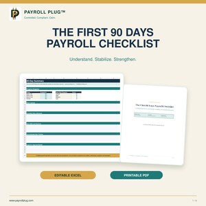 May include: The First 90 Days Payroll Checklist document set includes an editable Excel spreadsheet with a 90-Day Summary, progress snapshot, and risk tracking sections, alongside a printable PDF version with a title page and structured layout.