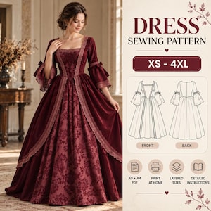 May include: A sewing pattern for a floor-length dress with a square neckline, bell sleeves, and lace trim. The pattern includes sizes XS-4XL, with front and back technical sketches, A0 and A4 PDF formats, layered sizes, and detailed instructions.