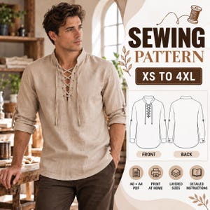 Op de afbeelding: Een beige shirt met lange mouwen, een vetersluiting aan de voorzijde, een opstaande kraag en oprolbare mouwen. De afbeelding bevat de tekst SEWING PATTERN, XS TO 4XL, FRONT, BACK, A0 + A4 PDF, PRINT AT HOME, LAYERED SIZES en DETAILED INSTRUCTIONS.