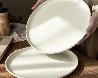 Handmade Ceramic Dinner Plate Vintage White Beaded Rim Round Serving Dish Platter