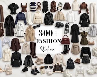 Könnte beinhalten: Eine Sammlung von Modeaufklebern mit verschiedenen Kleidungsstücken wie Mänteln, Kleidern, Pullovern, Hosen, Stiefeln, Taschen und Hüten, wobei der Text 300+ FASHION Stickers in der Mitte angeordnet ist.
