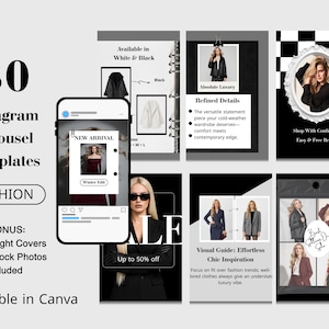Puede incluir: Una colección digital de 30 plantillas de carrusel de Instagram para moda, con diseños en blanco y negro, fotografía de productos y superposiciones de texto. Incluye portadas destacadas y fotos de archivo editables en Canva.